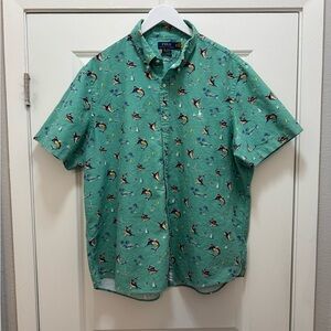 Polo Ralph Lauren Shirt Green Fish Print Short Sleeve Button Down Classic Fit